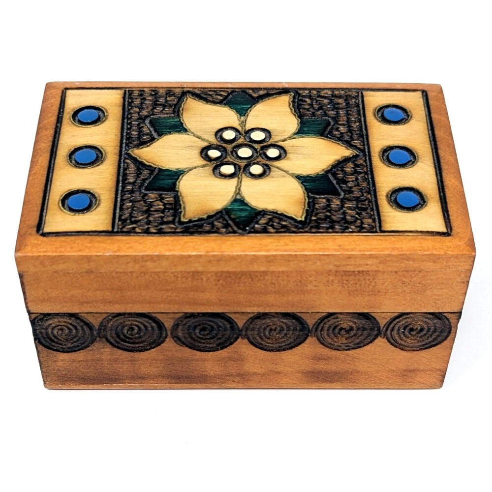 Handcrafted Polish Carved Hinged Wood Trinket Box 3" | Edelweiss Flower & Swirls